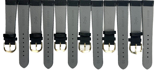 Genuine Leather lot of 6 Watch Bands 20mm Padded  Plain Grain Stitched in Black