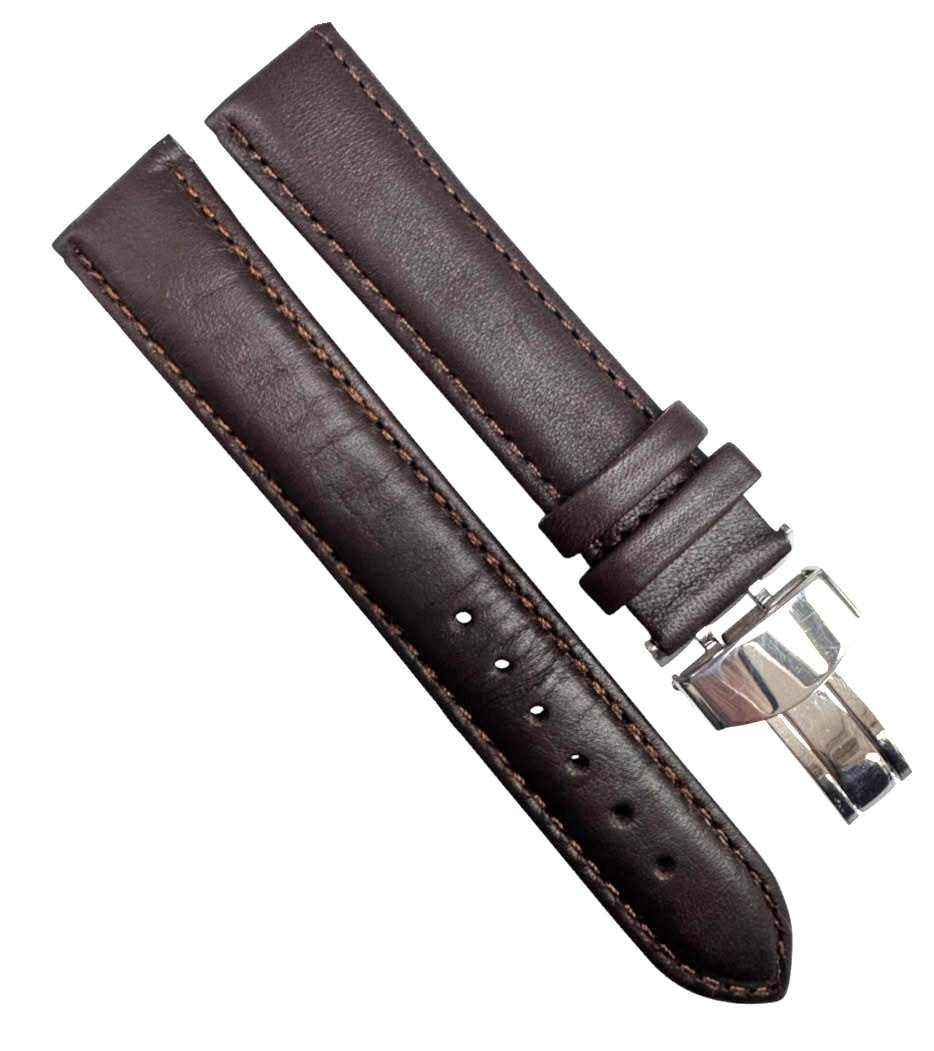 18mm BROWN Genuine Leather stitched Padded Watch Band With Deployment Buckle