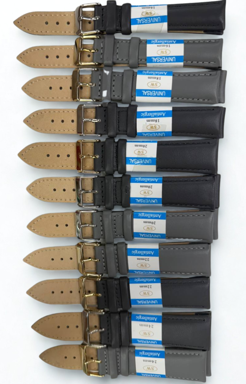 Leather Watch Band Lot of 11 – Black & Gray – Sizes 16mm, 18mm, 20mm, 22mm, 24mm
