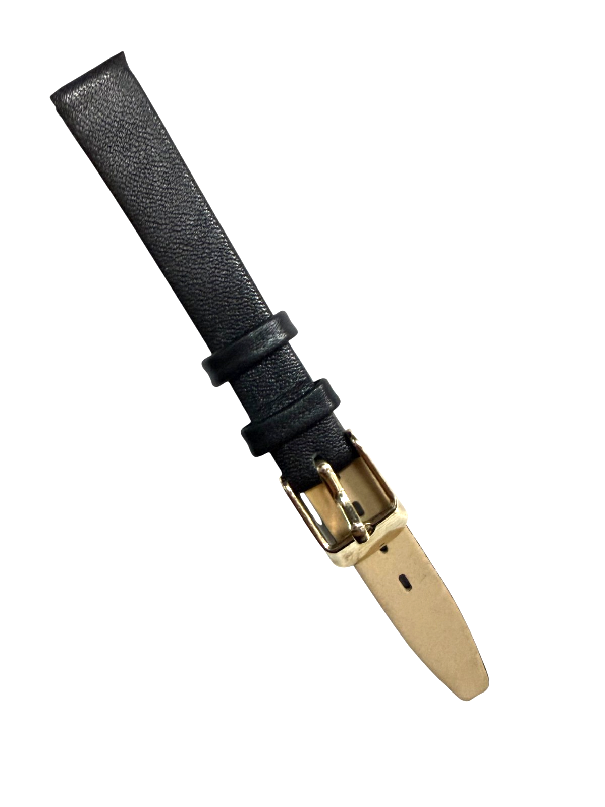 10mm Genuine Leather Black Watch Band – Slim Flat Grain Strap Gold/Silver Buckle