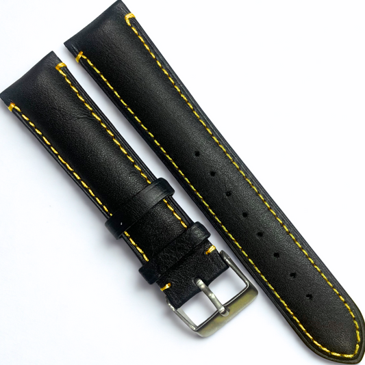 Leather Watch Band Strap,Black Multiple Colors Stitches, Sizes 18,19,20,22mm