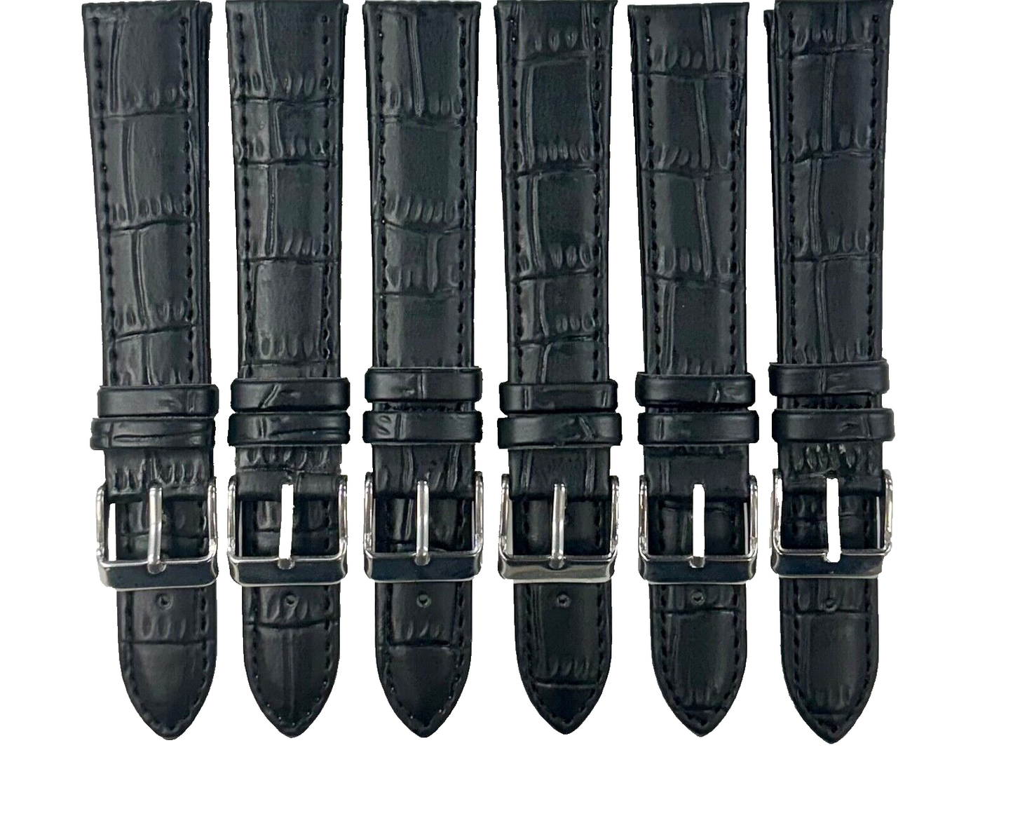 Lot of 6 Watch Bands Black Genuine Leather Alligator Grain Flat Stitches 18x16mm