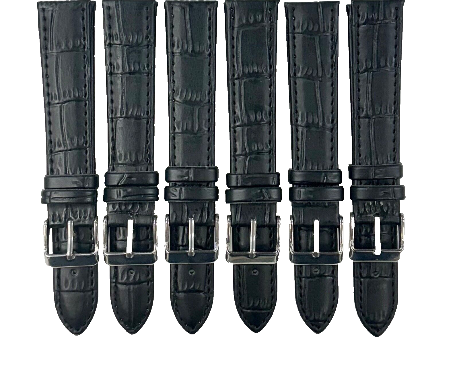 Lot of 6 Watch Bands Black Genuine Leather Alligator Grain Flat Stitches 18x16mm