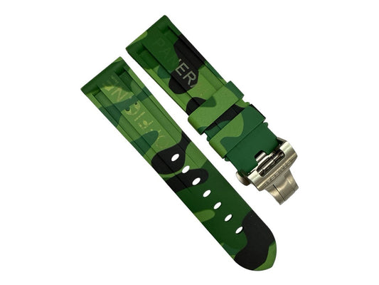 Rubber Watch Band 24/22mm Green Camouflage Color for PANERAI w/ Deployment Clasp