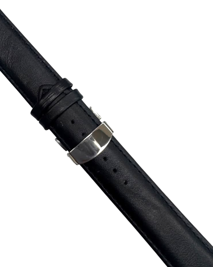 22mm BLACK Genuine Leather stitched Padded Watch Band With Deployment Buckle