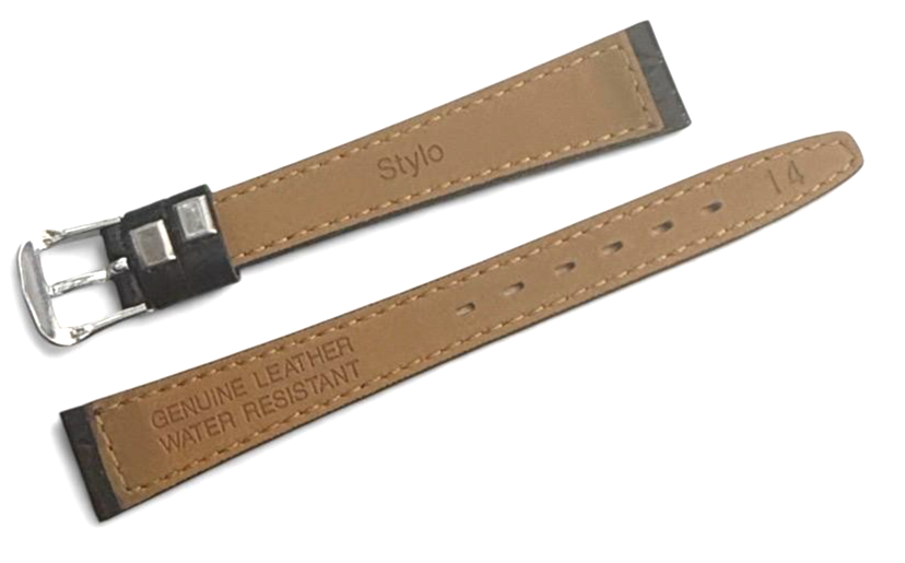 Black 14MM FLAT LEATHER STRAP BAND FOR WATCH silver Buckle