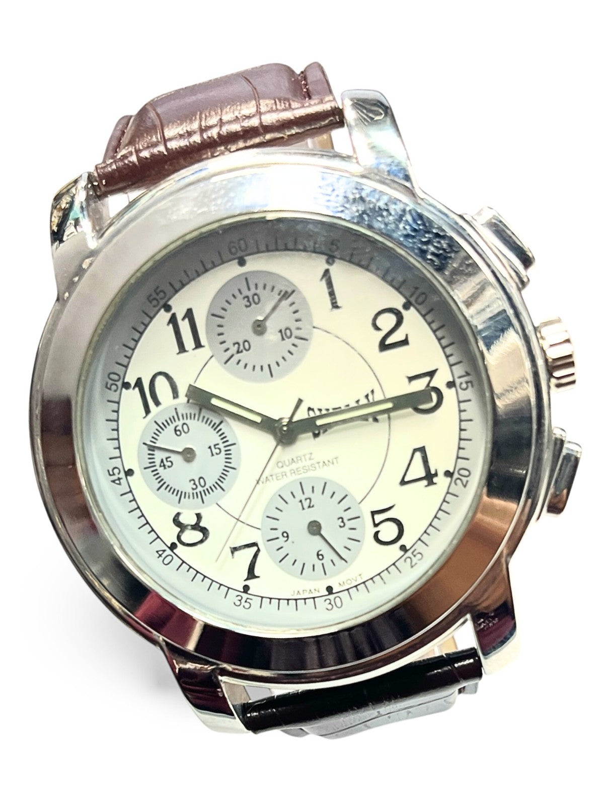 SHELLY round Dial Watch Silver Tone Brown Genuine Leather Band Watch
