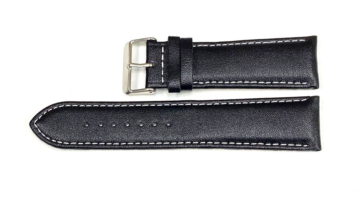 Watch Band Genuine Leather Plain PADDED With Stitches Black Color Of Size 24MM