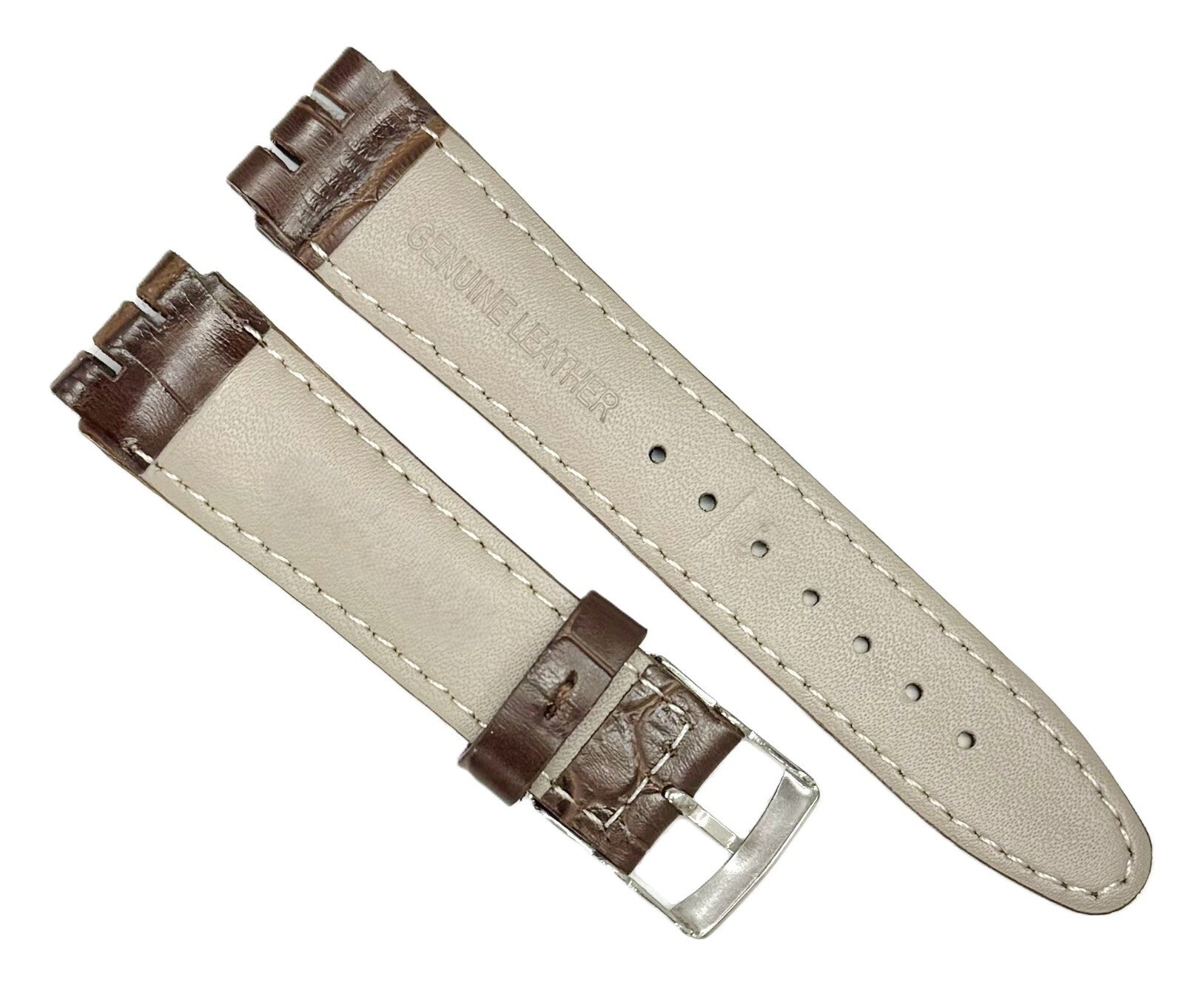 21mm Genuine Leather, Brown Alligator Grain, Replacement Watch Band for Swatch
