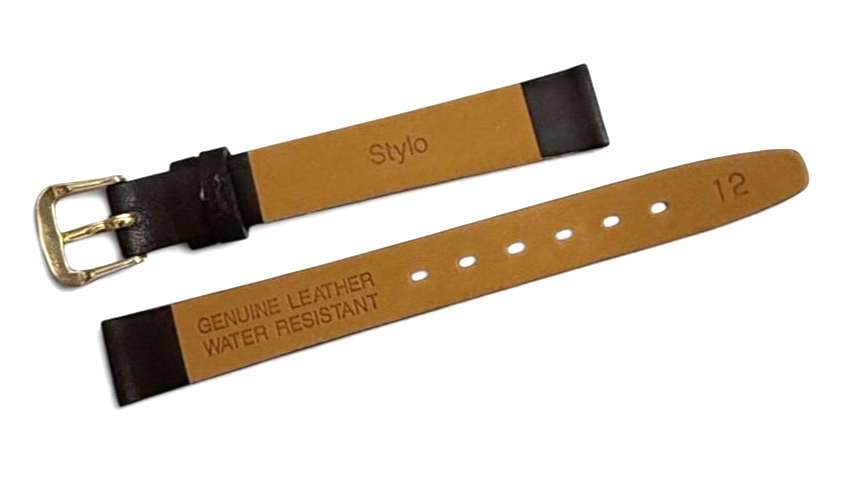 Brown 12MM FLAT LEATHER STRAP BAND FOR WATCH gold Buckle