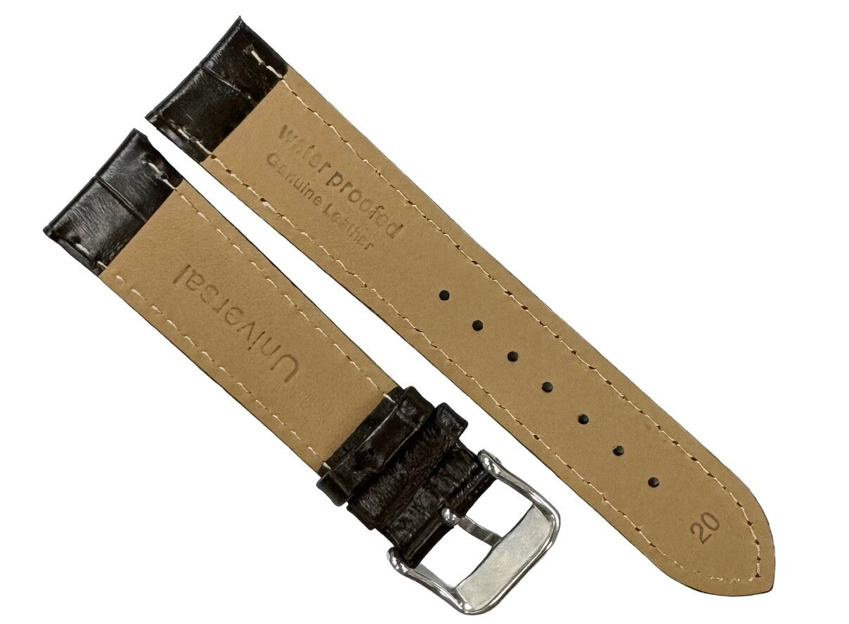 Watch Band Genuine Leather Alligator Grain D.Brown Padded, Stitched 20mm