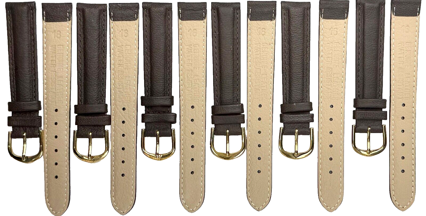Lot of 6 Watch Bands Genuine Leather D. Brown Color ,Padded,Stitched 16MM