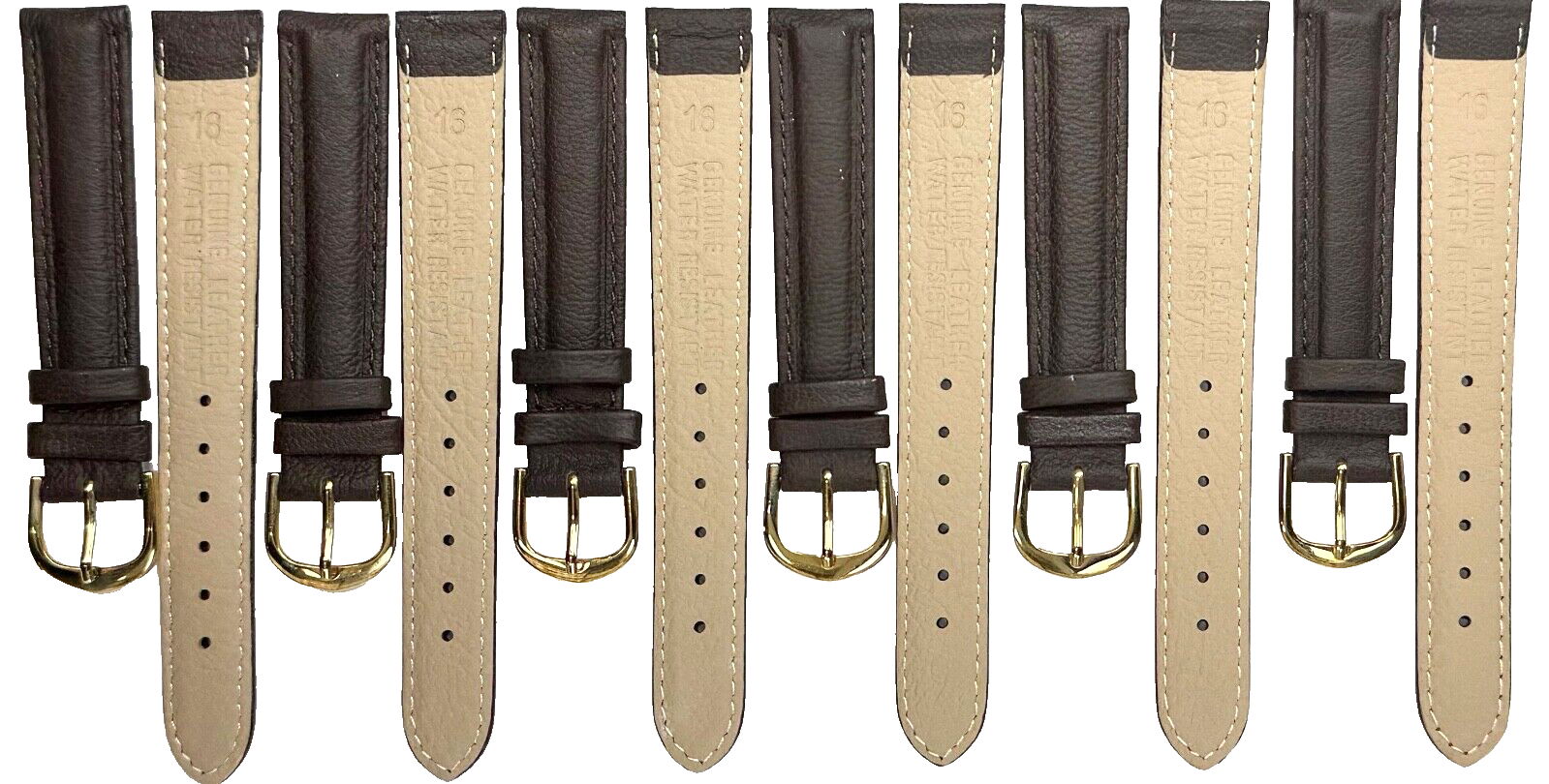 Lot of 6 Watch Bands Genuine Leather D. Brown Color ,Padded,Stitched 16MM