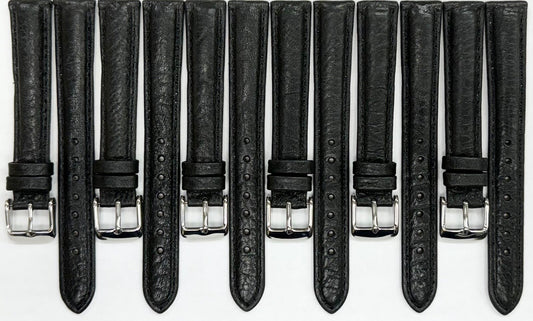 Lot of 6 Watch Band Quality Black Genuine Leather Grain,16mm, slim and padded