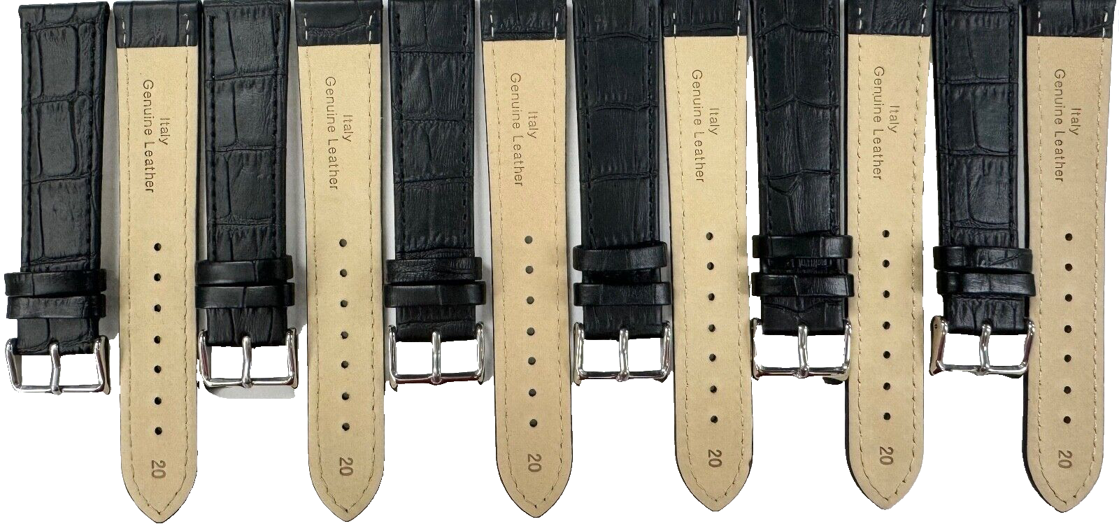 Lot of 6 Watch Bands Genuine Leather Alligator Grain Black, Flat 20mm