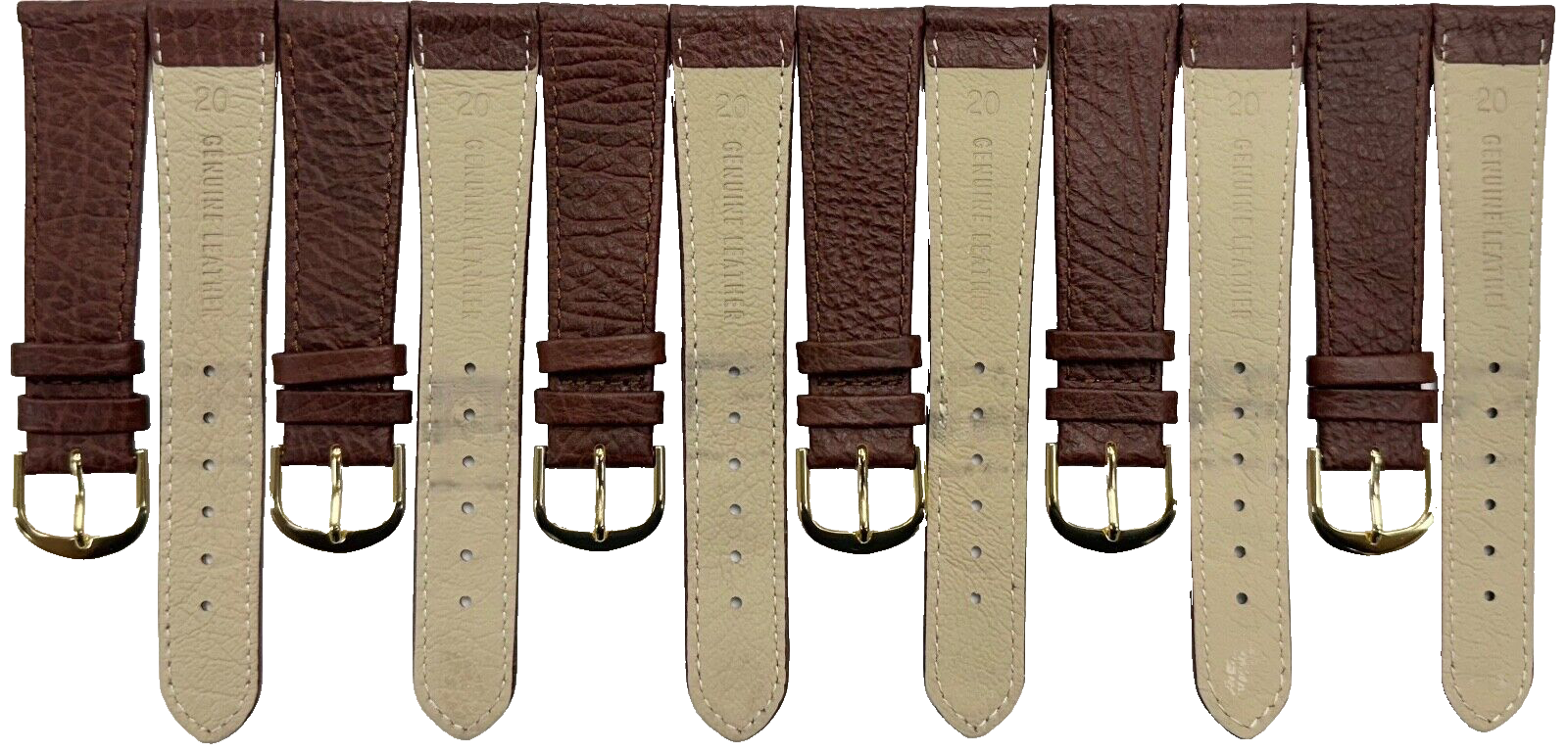 Lot of 6 Watch Bands Brown Genuine Leather  Flat Stitched 20mm