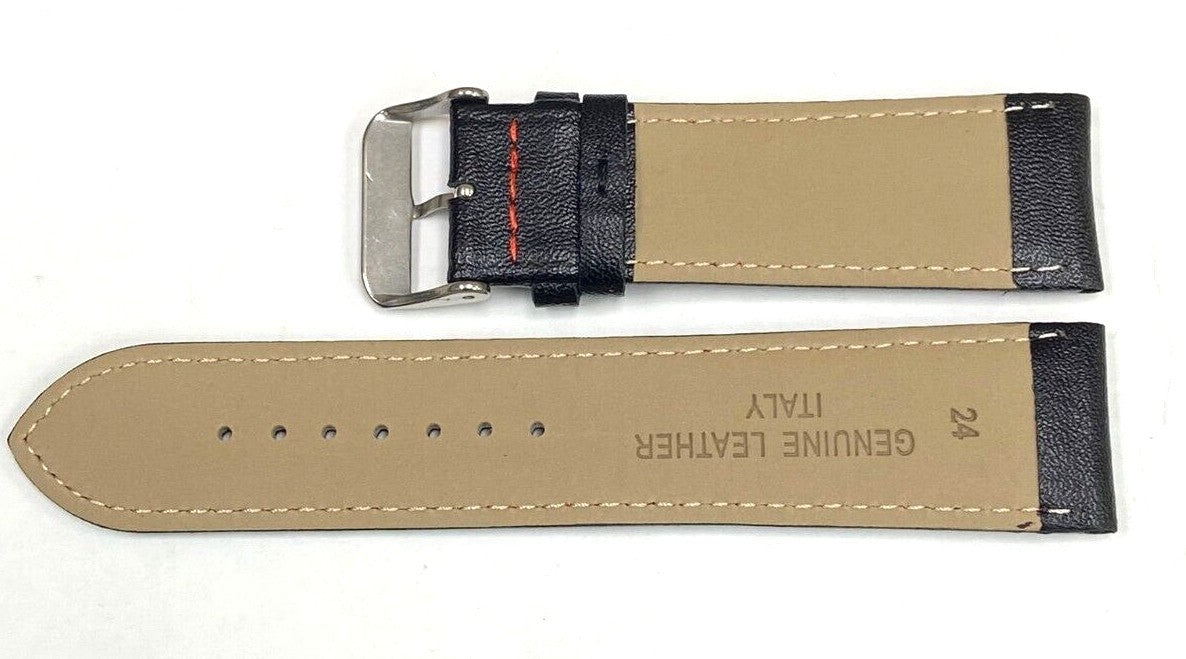 Watch Band Genuine Leather Plain PADDED With Stitches Black Color Of Size 24MM