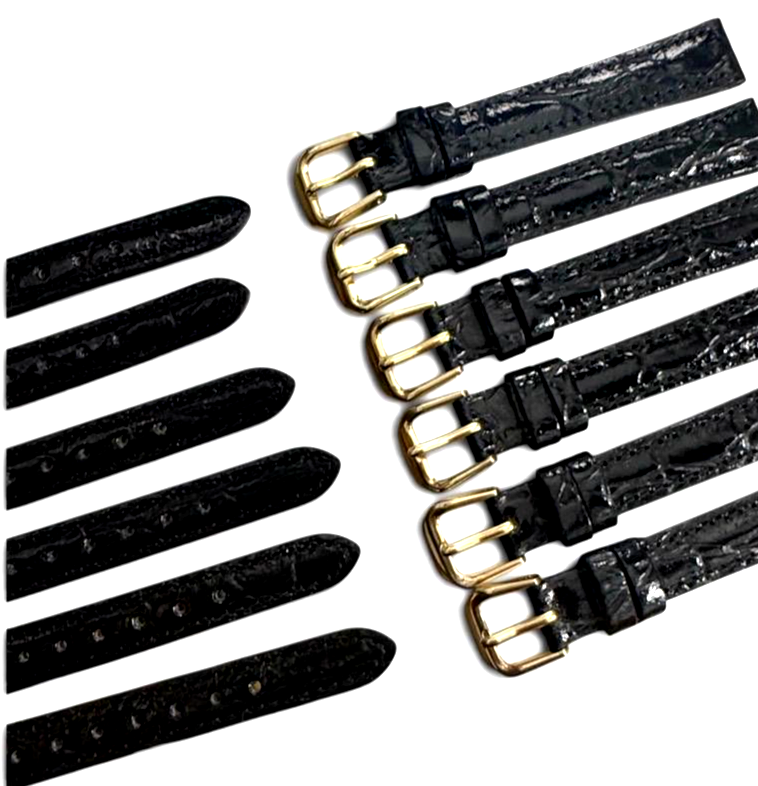 Black 12MM FLAT LEATHER STRAP BAND FOR WATCH GOLD Buckle set of 6)