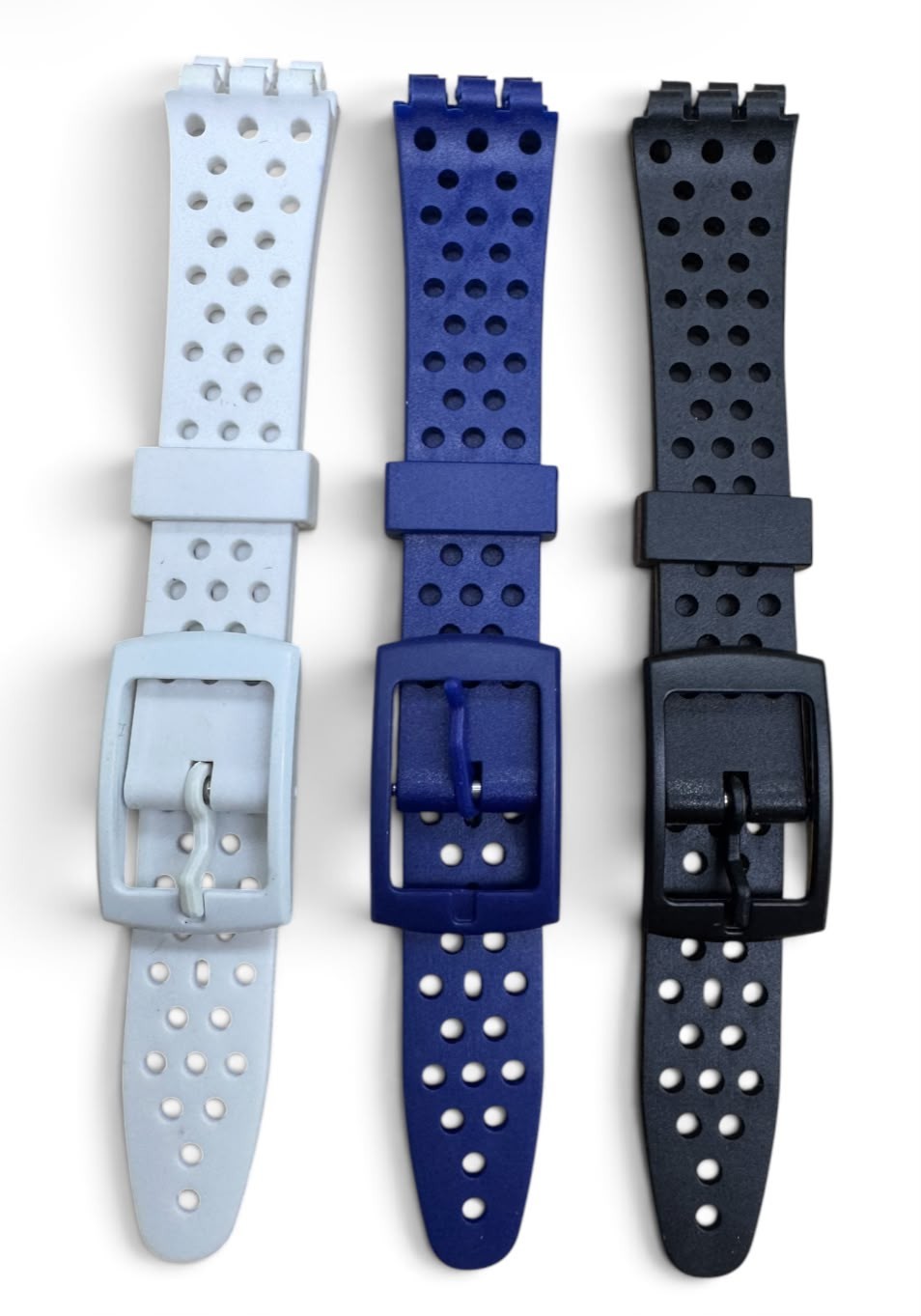 SET OF 3 12MM PVC Watch Band Flat with HOLES without pins White Black Blue