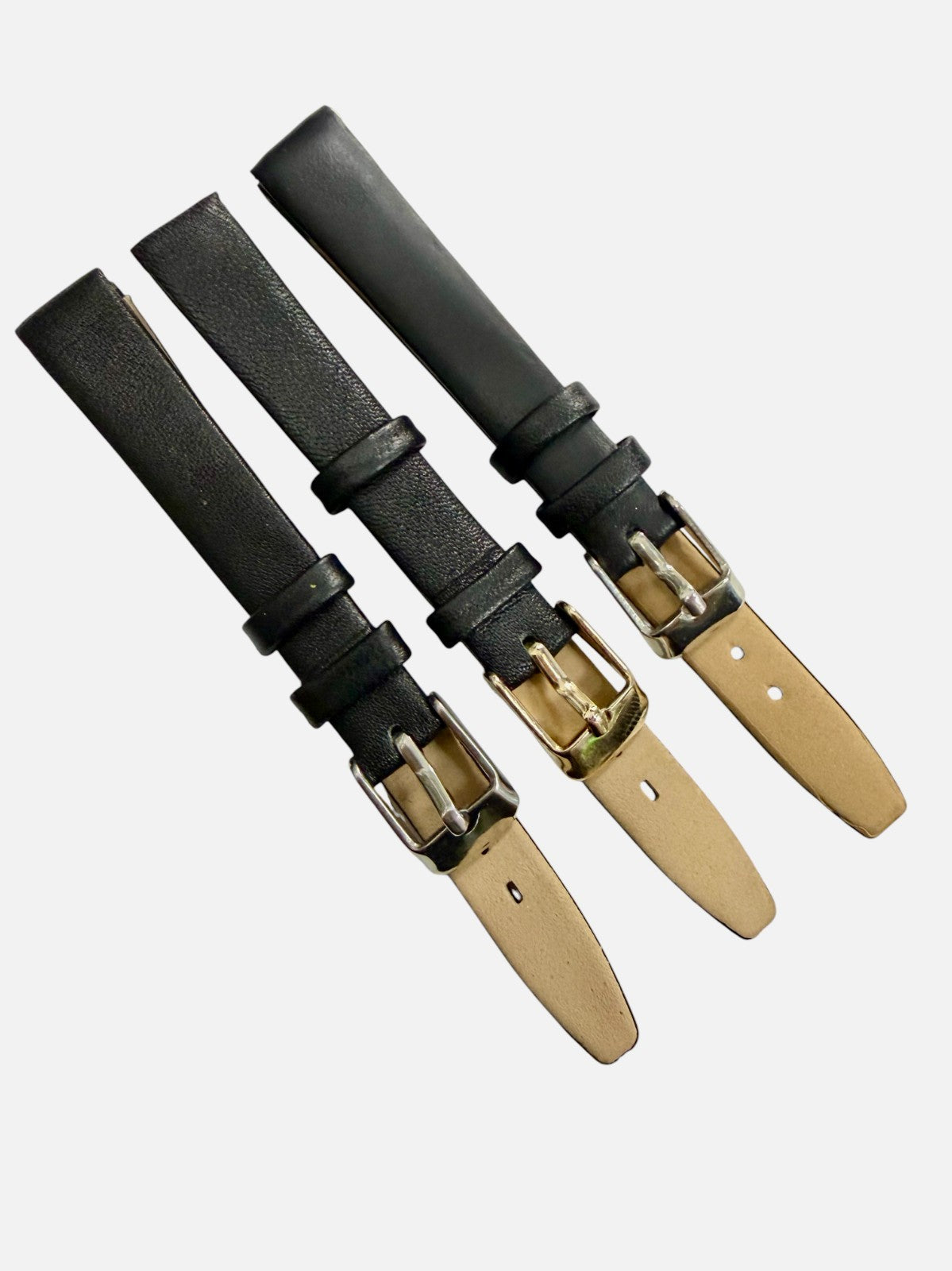 3 Piece 14mm Genuine Leather Black Watch Band – Slim Flat Grain Strap (Set of 3)
