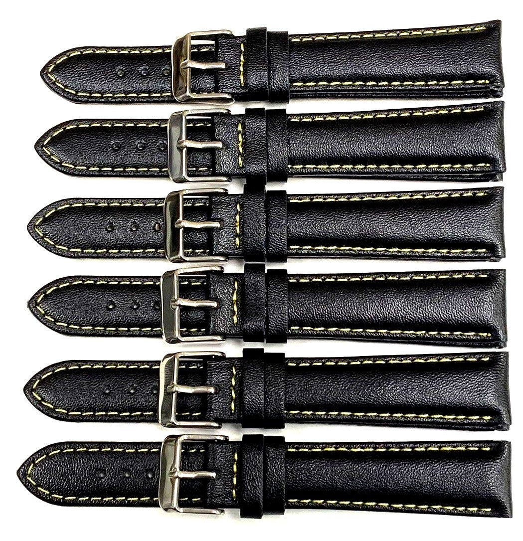 Watch Band Genuine Leather Plain PADDED With Stitches Black Color Of Size 18MM