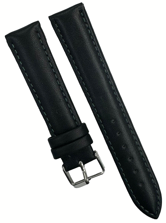 18MM  Plain Black with green stitched Leather, Padded Watch Band