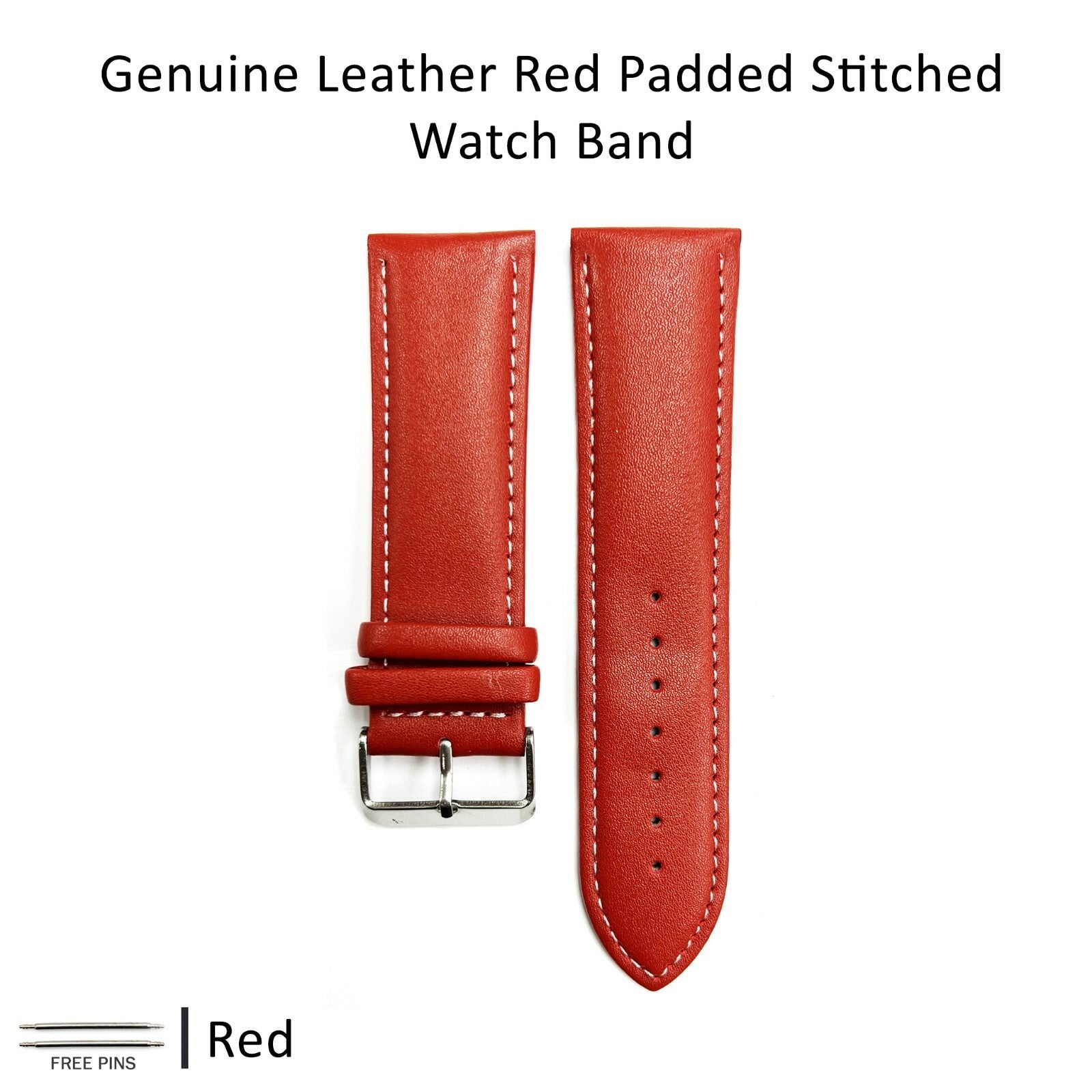 Alligator Leather RED Color Watch Band 16 MM to 22 MM RED/WHITE Stitched