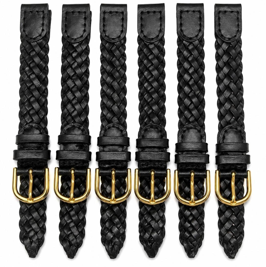 12MM, LOT OF 6 WATCH BANDS BRAIDED BLACK GENUINE LEATHER