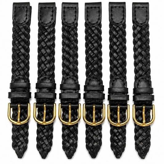 12MM, LOT OF 6 WATCH BANDS BRAIDED BLACK GENUINE LEATHER