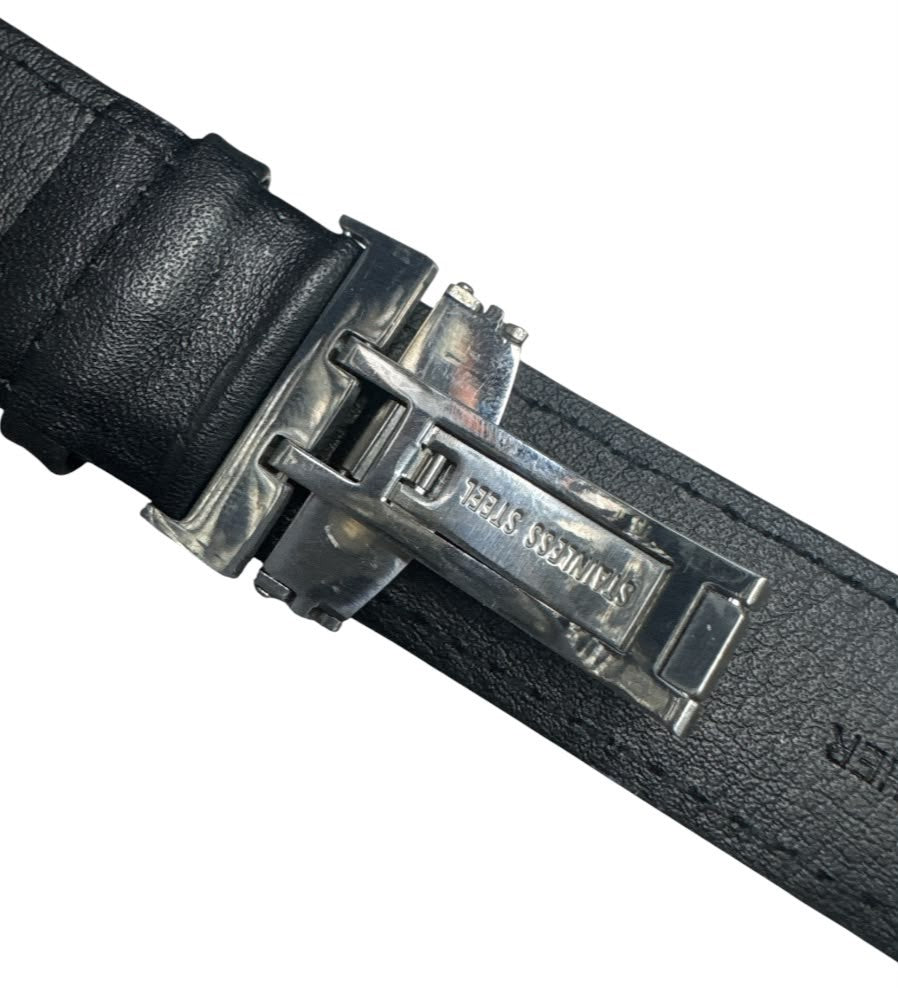 24MM Black Genuine Leather stitched Padded Watch Band With Deployment Buckle