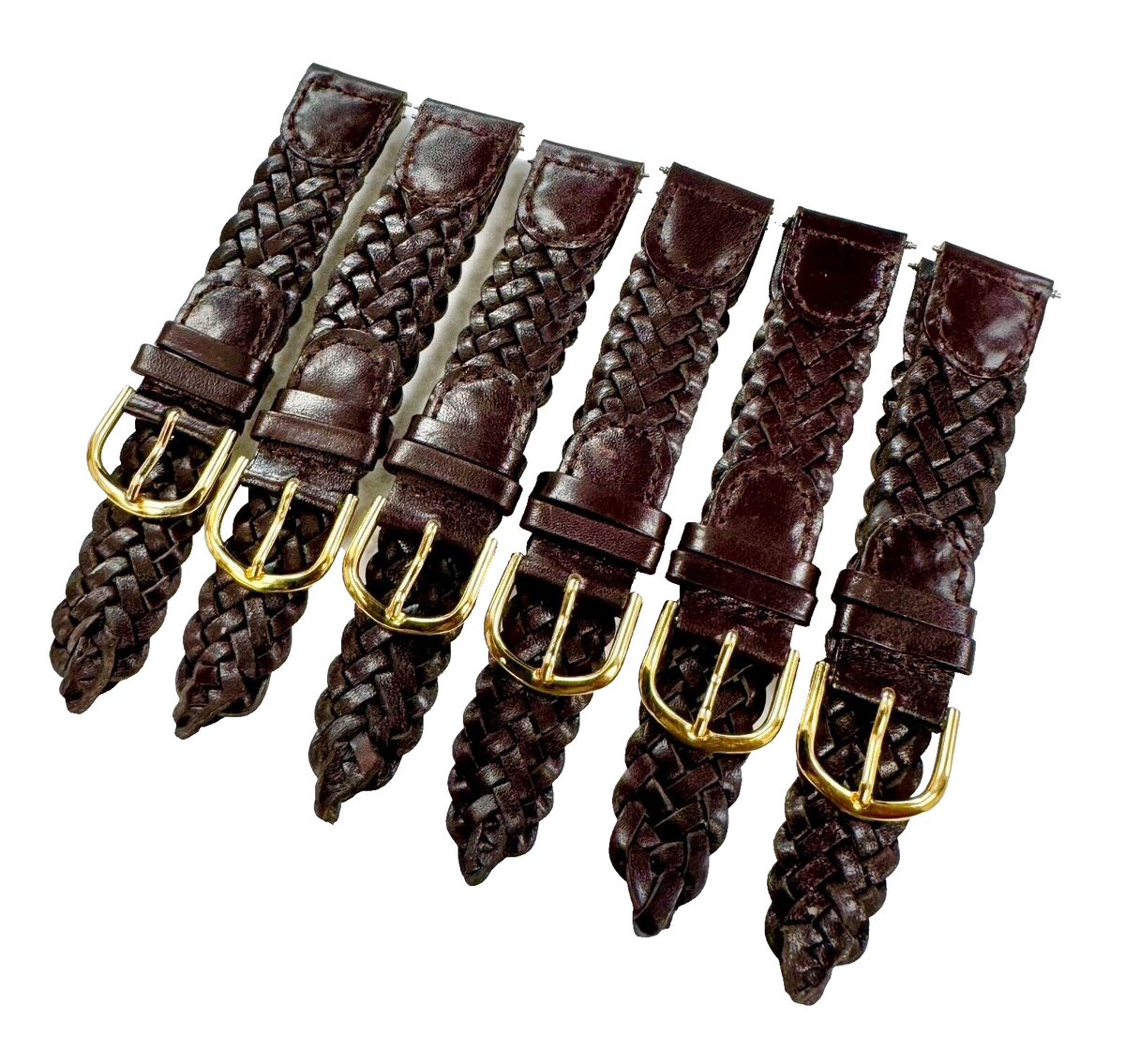 16MM, LOT OF 6 WATCH BANDS BRAIDED BROWN GENUINE LEATHER