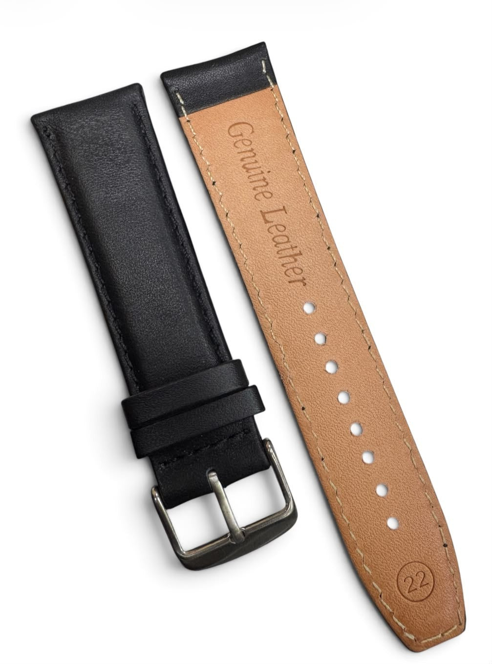 22 MM BLACK GENUINE LEATHER Watch Band for High End Watches Stitched