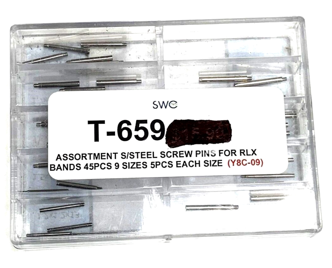 SPECIAL SIZE ASSORTMENT S/STEEL SCREW PINS FOR ROLEX BANDS 45 PCS