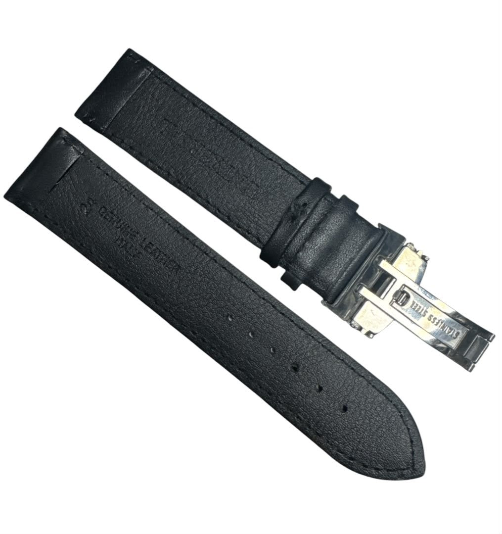 24MM Black Genuine Leather stitched Padded Watch Band With Deployment Buckle