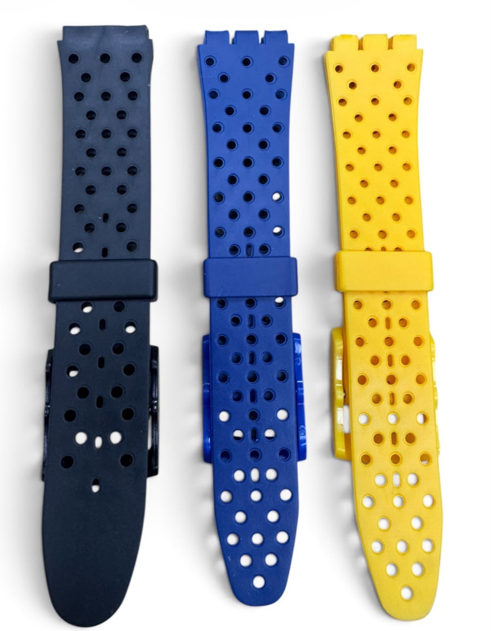 SET OF 3 17MM PVC Watch Band Flat with HOLES without pins Yellow Black Blue