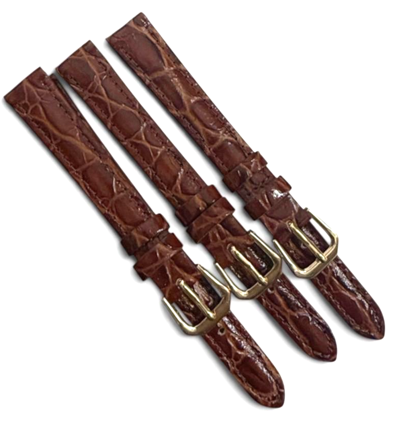 (set of 3) BROWN 8/10/12MM FLAT LEATHER STRAP BAND FOR WATCH gold Buckle
