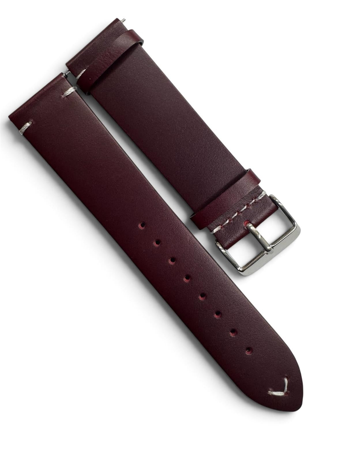 STITCHED GENUINE LEATHER UNIVERSAL WATCH BAND 20mm WINE RED COLOR
