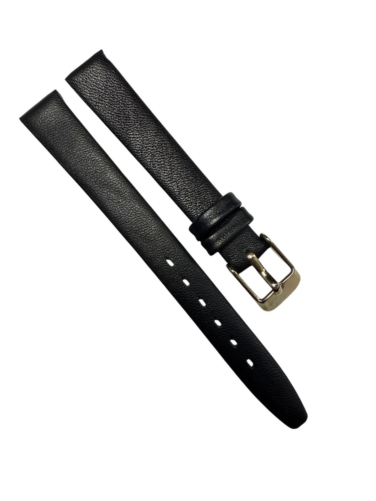10mm Genuine Leather Black Watch Band – Slim Flat Grain Strap Gold/Silver Buckle