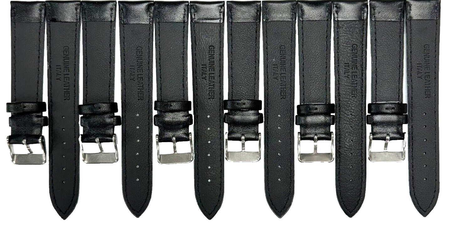 Lot of 6 Watch Bands Plain Black w Purple Stitches Genuine Leather Padded 19mm