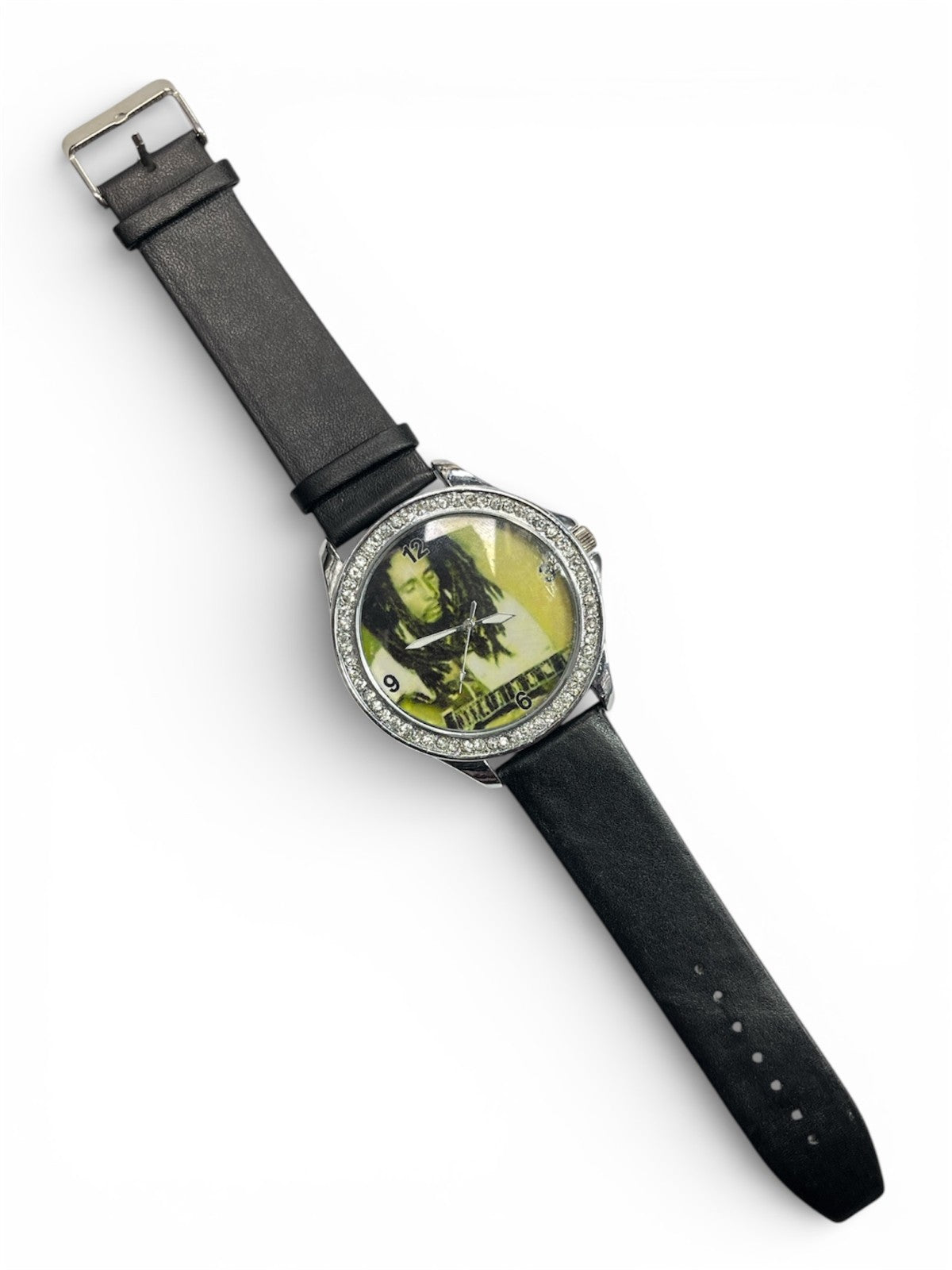 Rhinestones Dial Watch Men Silver Tone Black Genuine Leather Band watch