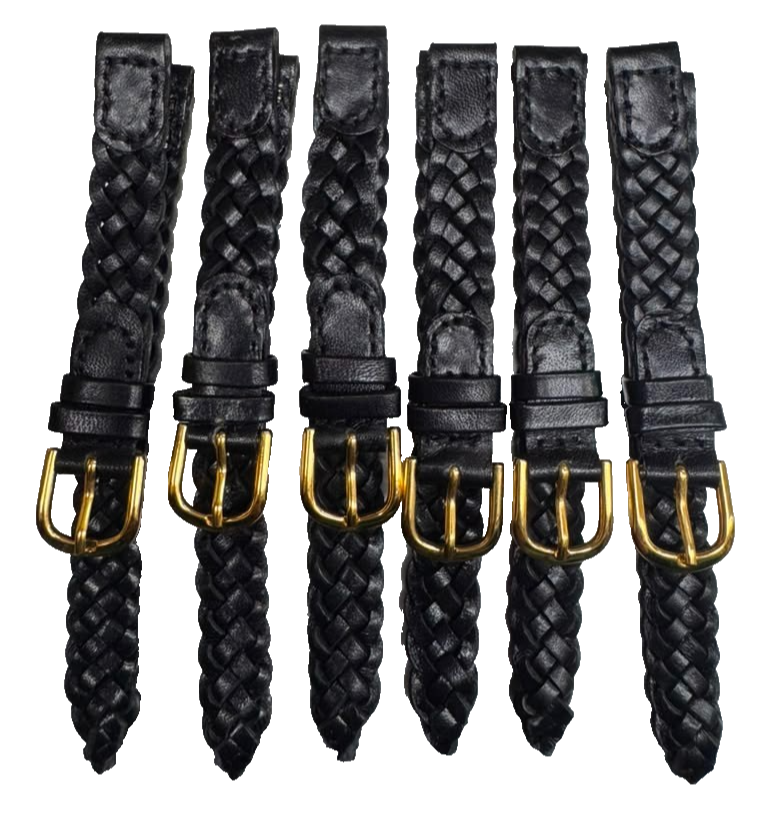 10MM, LOT OF 6 WATCH BANDS BRAIDED BLACK GENUINE LEATHER