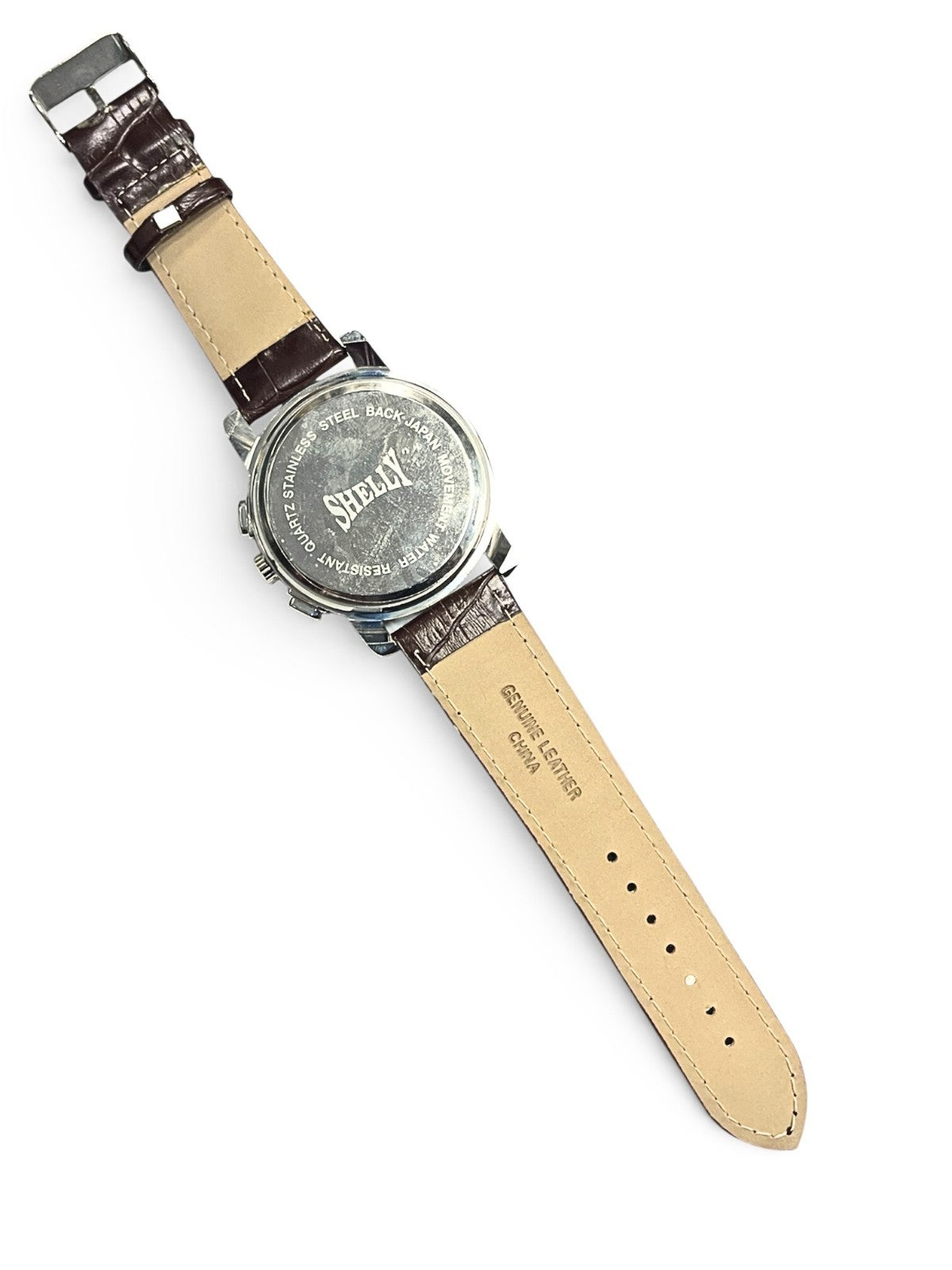 SHELLY round Dial Watch Silver Tone Brown Genuine Leather Band Watch