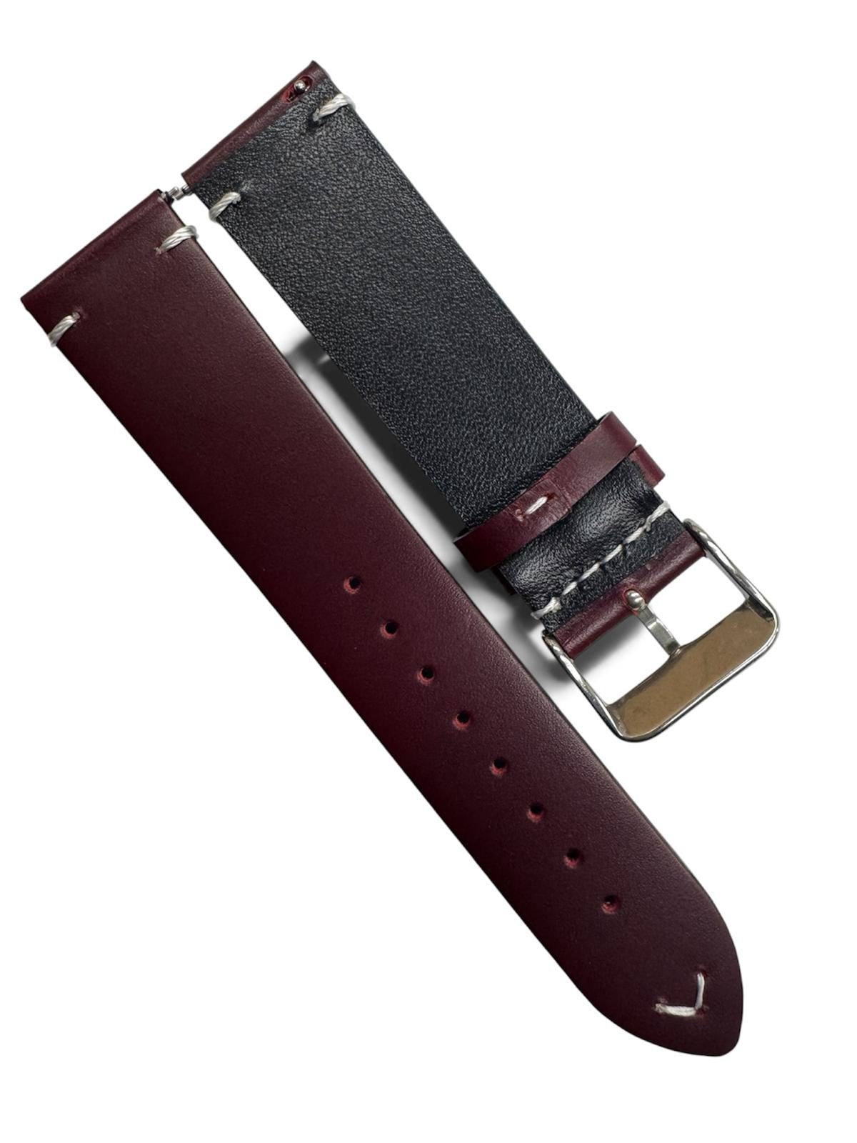STITCHED GENUINE LEATHER UNIVERSAL WATCH BAND 22mm WINE RED COLOR