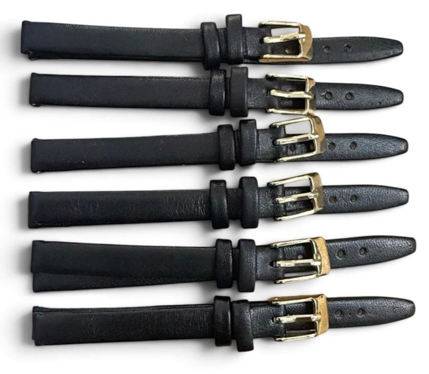 (SET OF 6) Genuine Leather Band 8mm Flat Leather Watch Strap Black/Gold Buckle