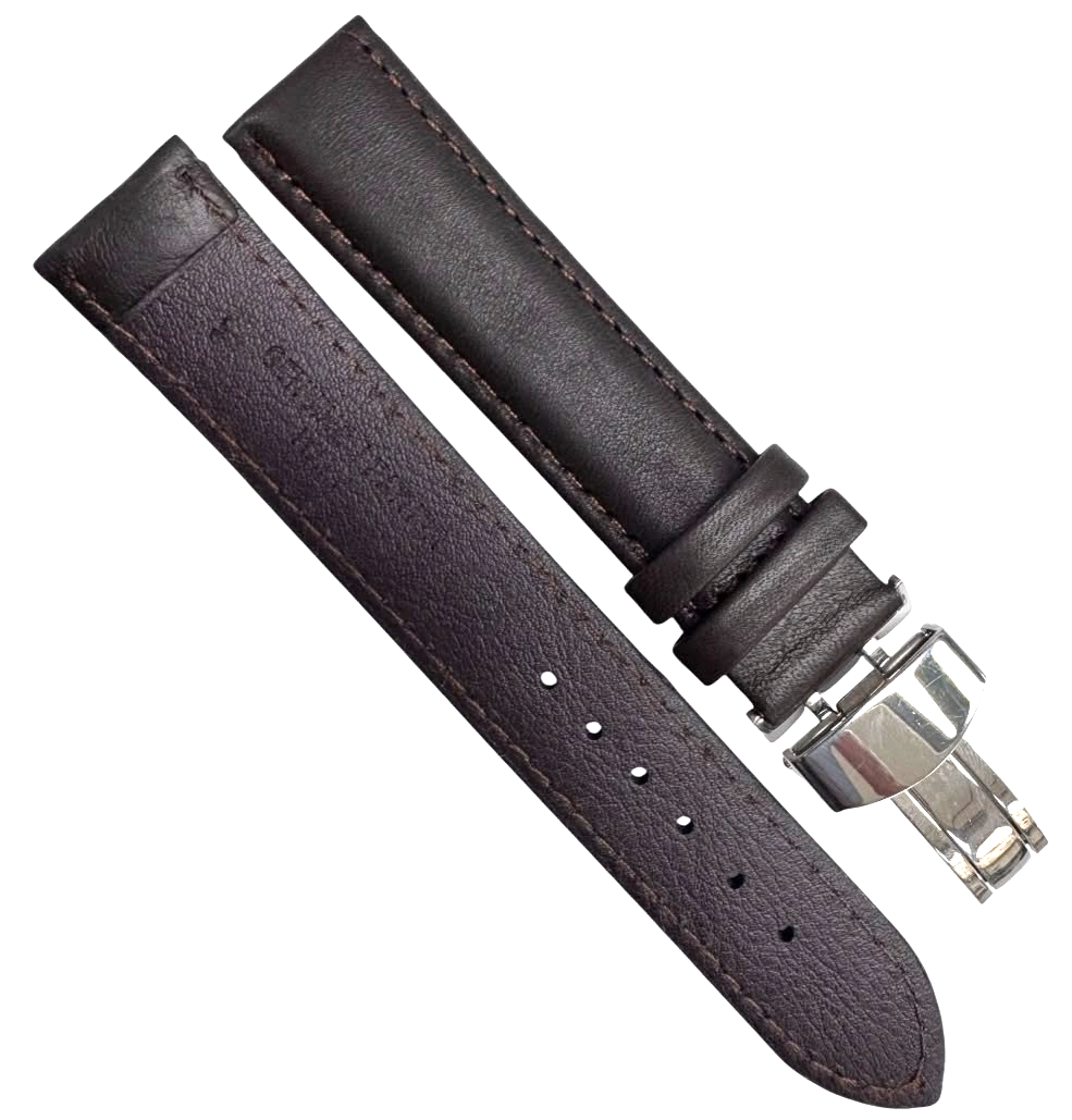 18mm BROWN Genuine Leather stitched Padded Watch Band With Deployment Buckle