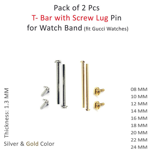 2 Pcs Gucci Type T-bar Screw Lugs fit Gucci Gold & Silver 1.3 MM Size 8-24 MM