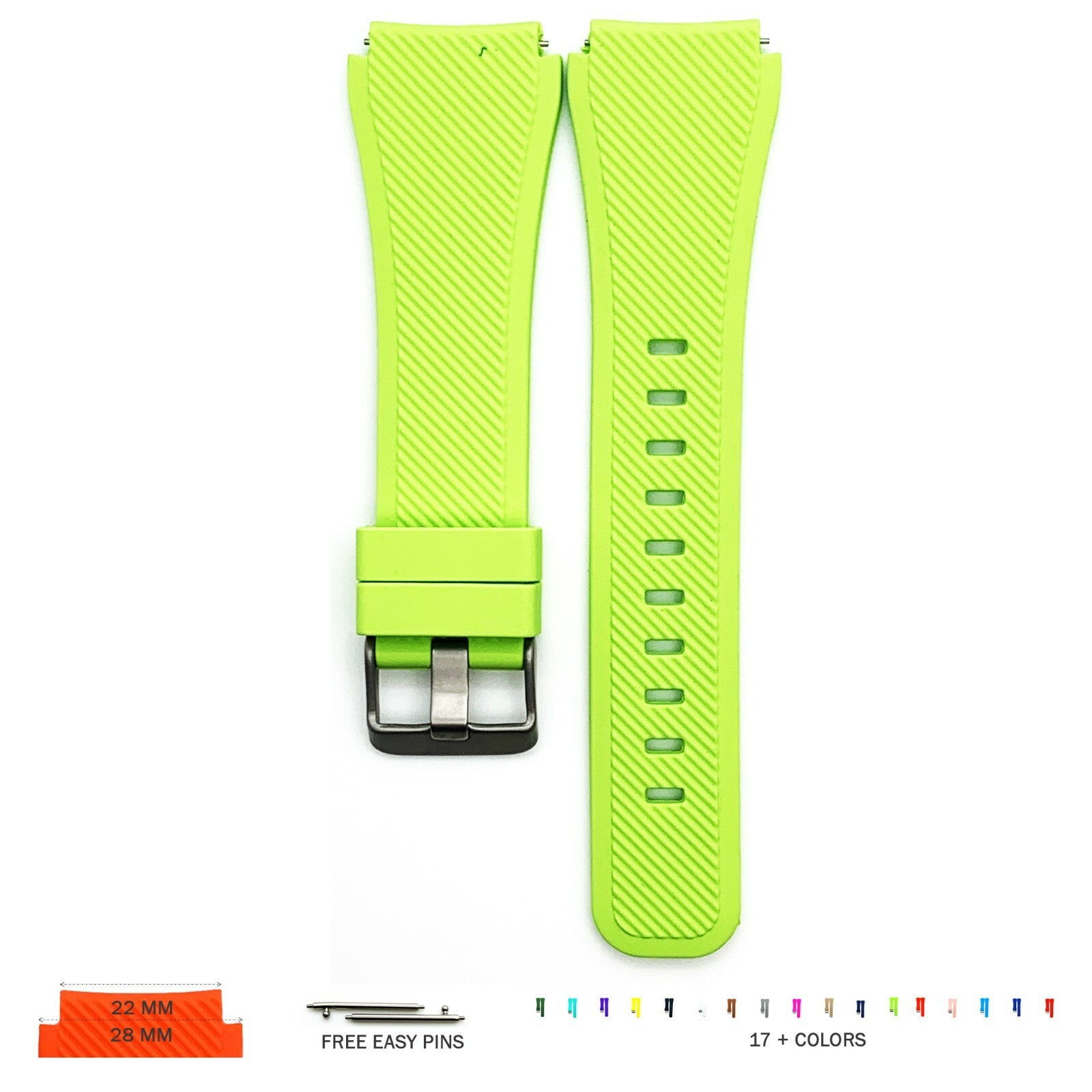 22 MM Rubber Silicone Male Opening Sports Watch Band 17 Colors Quick Release Pin