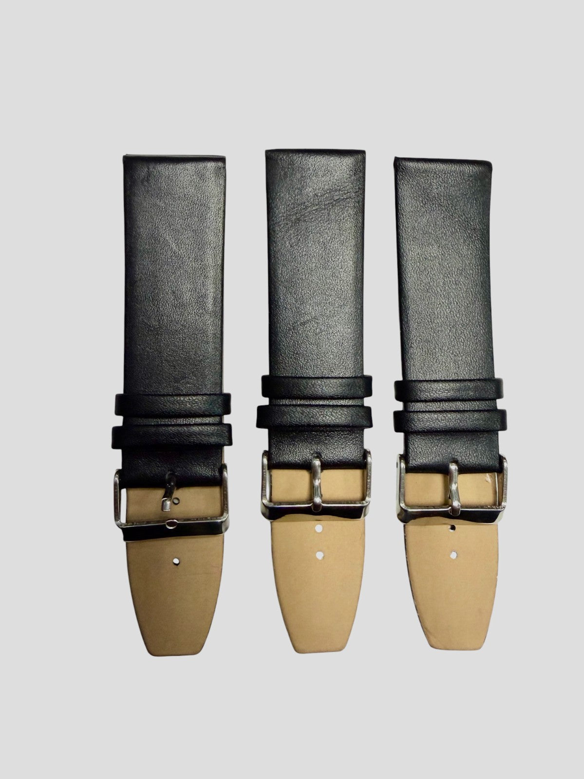 3 Piece 24mm Genuine Leather Black Watch Band – Slim Flat Grain Strap (Set of 3)