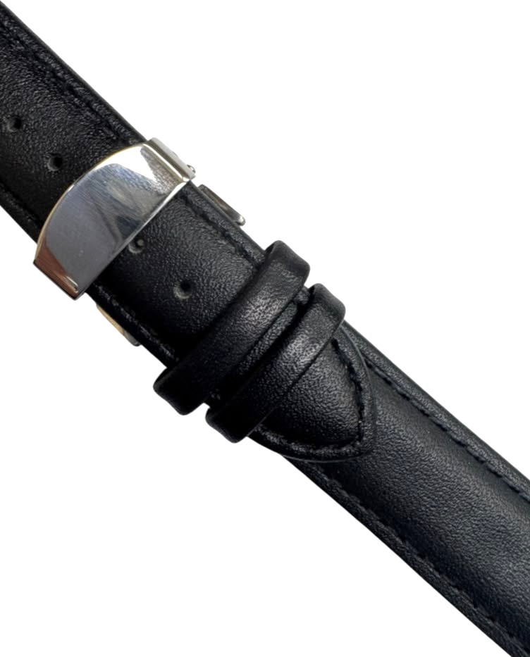20mm BLACK Genuine Leather stitched Padded Watch Band With Deployment Buckle