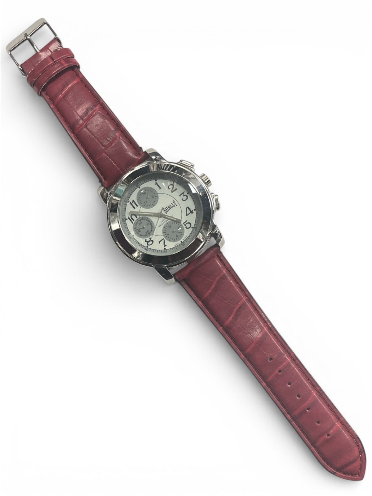 SHELLY round Dial Watch Silver Tone Burgandy Genuine Leather Band Watch